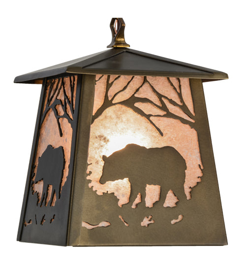 Meyda Lighting Bear at Dawn 10" Antique Copper Mini Pendant Light With Silver Mica Shade Glass