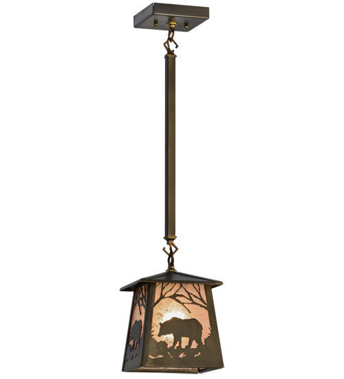 Meyda Lighting Bear at Dawn 10" Antique Copper Mini Pendant Light With Silver Mica Shade Glass