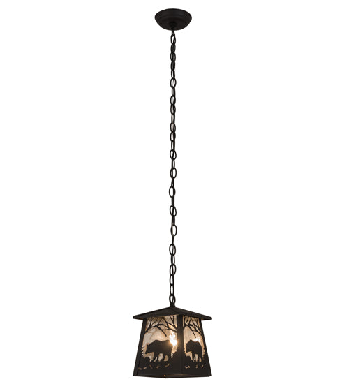 Meyda Lighting Bear at Dawn 10" Old Wrought Iron Mini Pendant Light With Clear Seeded Shade Glass
