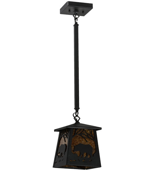 Meyda Lighting Bear at Dawn 10" Textured Black Mini Pendant Light With Amber Mica Shade Glass