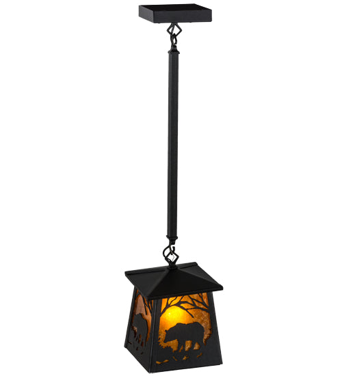 Meyda Lighting Bear at Dawn 10" Textured Black Mini Pendant Light With Amber Mica Shade Glass