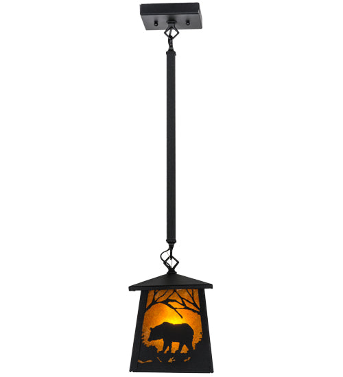 Meyda Lighting Bear at Dawn 10" Textured Black Mini Pendant Light With Amber Mica Shade Glass