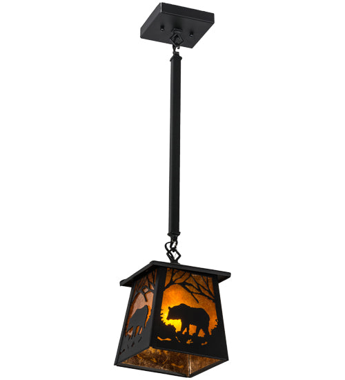 Meyda Lighting Bear at Dawn 10" Textured Black Mini Pendant Light With Amber Mica Shade Glass