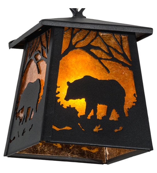 Meyda Lighting Bear at Dawn 10" Textured Black Mini Pendant Light With Amber Mica Shade Glass