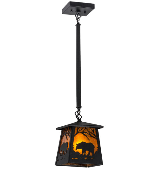 Meyda Lighting Bear at Dawn 10" Textured Black Mini Pendant Light With Amber Mica Shade Glass