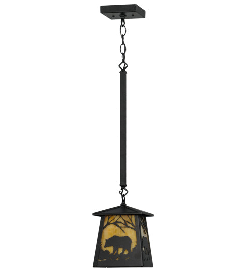 Meyda Lighting Bear at Dawn 10" Textured Black Mini Pendant Light With Beige Art Shade Glass