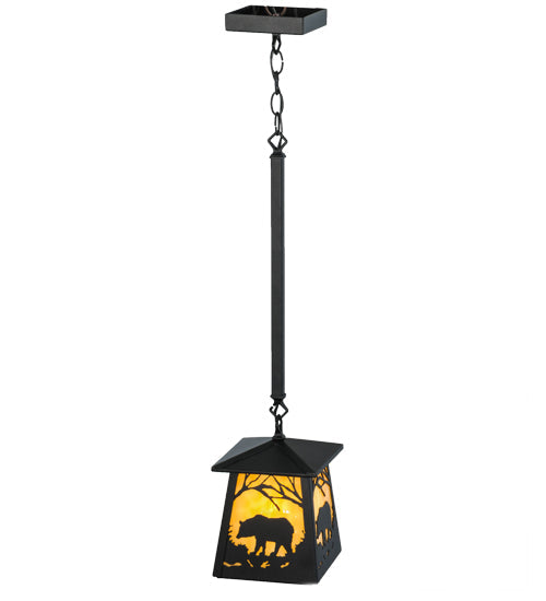 Meyda Lighting Bear at Dawn 10" Textured Black Mini Pendant Light With Beige Art Shade Glass