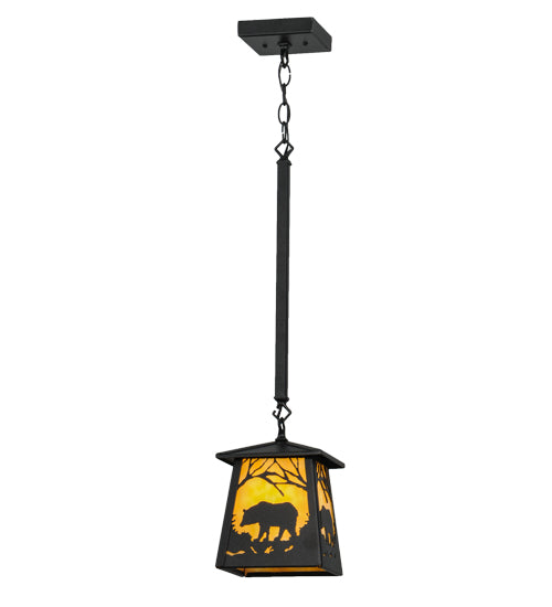 Meyda Lighting Bear at Dawn 10" Textured Black Mini Pendant Light With Beige Art Shade Glass