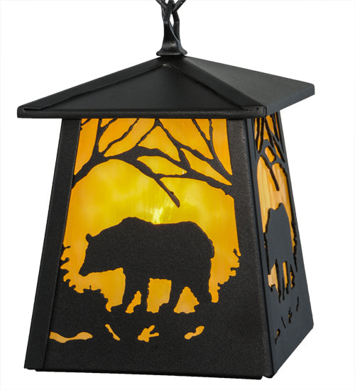 Meyda Lighting Bear at Dawn 10" Textured Black Mini Pendant Light With Beige Art Shade Glass