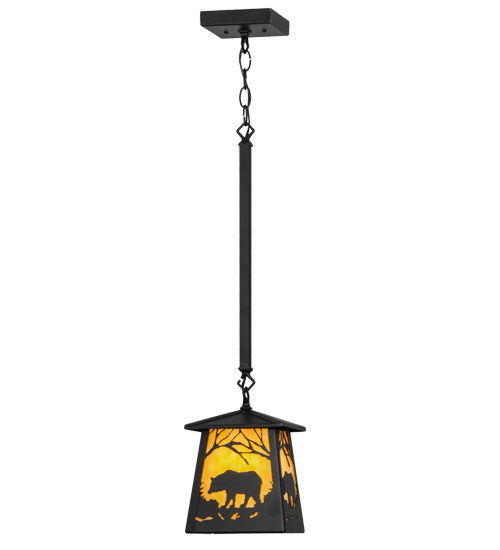 Meyda Lighting Bear at Dawn 10" Textured Black Mini Pendant Light With Beige Art Shade Glass