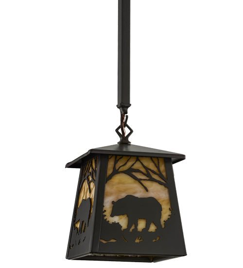 Meyda Lighting Bear at Dawn 10" Timeless Bronze Mini Pendant Light With Beige Art Shade Glass
