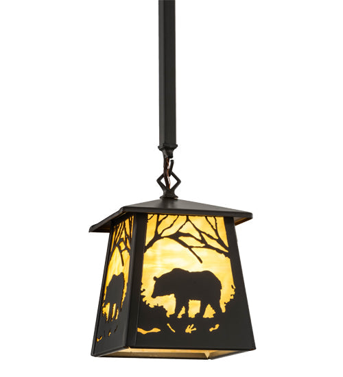 Meyda Lighting Bear at Dawn 10" Timeless Bronze Mini Pendant Light With Beige Art Shade Glass