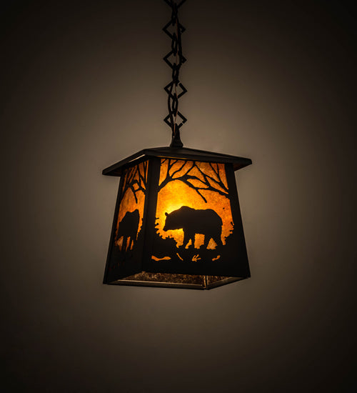 Meyda Lighting Bear at Dawn 10" Wrought Iron Mini Pendant Light With Amber Mica Shade Glass