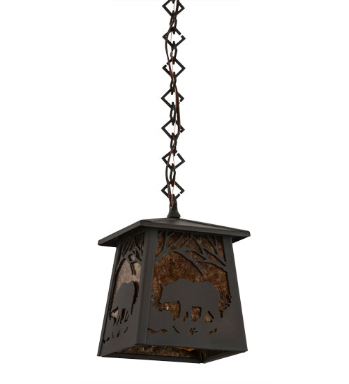 Meyda Lighting Bear at Dawn 10" Wrought Iron Mini Pendant Light With Amber Mica Shade Glass