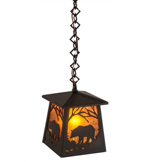 Meyda Lighting Bear at Dawn 10" Wrought Iron Mini Pendant Light With Amber Mica Shade Glass