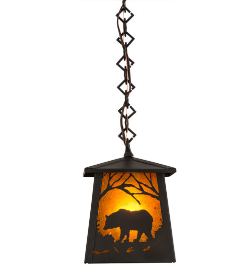 Meyda Lighting Bear at Dawn 10" Wrought Iron Mini Pendant Light With Amber Mica Shade Glass