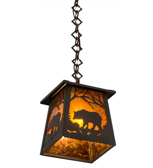 Meyda Lighting Bear at Dawn 10" Wrought Iron Mini Pendant Light With Amber Mica Shade Glass