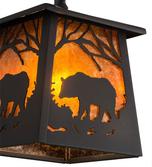 Meyda Lighting Bear at Dawn 10" Wrought Iron Mini Pendant Light With Amber Mica Shade Glass