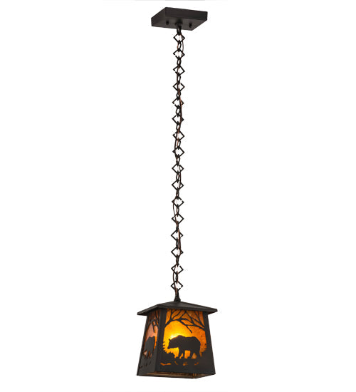 Meyda Lighting Bear at Dawn 10" Wrought Iron Mini Pendant Light With Amber Mica Shade Glass