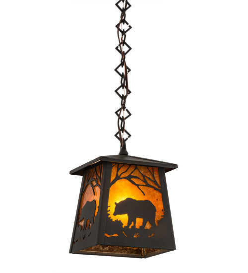 Meyda Lighting Bear at Dawn 10" Wrought Iron Mini Pendant Light With Amber Mica Shade Glass
