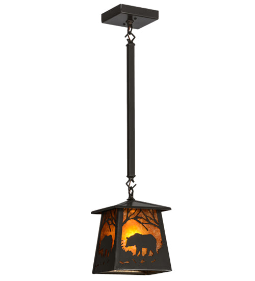 Meyda Lighting Bear at Dawn 11" Timeless Bronze Mini Pendant Light With Amber Mica Shade Glass