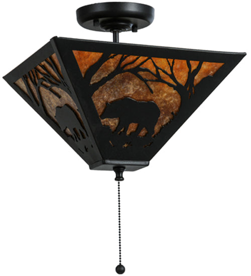 Meyda Lighting Bear at Dawn 16" 3-Light Textured Black Flush Mount Light With Amber Mica Shade Glass