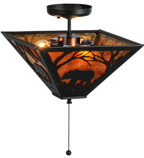 Meyda Lighting Bear at Dawn 16" 3-Light Textured Black Flush Mount Light With Amber Mica Shade Glass