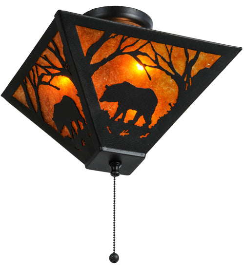 Meyda Lighting Bear at Dawn 16" 3-Light Textured Black Flush Mount Light With Amber Mica Shade Glass