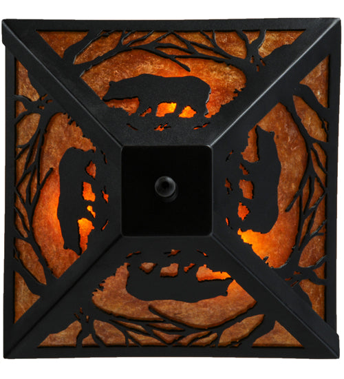 Meyda Lighting Bear at Dawn 16" 3-Light Textured Black Flush Mount Light With Amber Mica Shade Glass