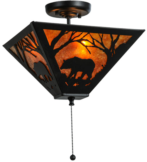 Meyda Lighting Bear at Dawn 16" 3-Light Textured Black Flush Mount Light With Amber Mica Shade Glass