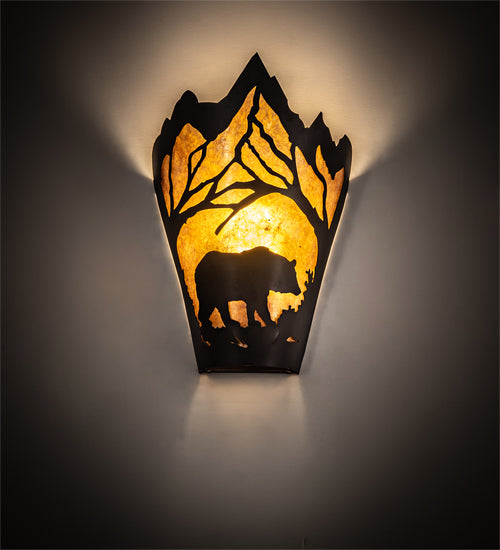 Meyda Lighting Bear at Dawn 174333 8" Textured Black Right Wall Sconce With Amber Mica Shade Glass