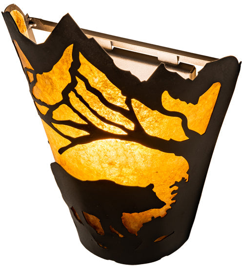 Meyda Lighting Bear at Dawn 174333 8" Textured Black Right Wall Sconce With Amber Mica Shade Glass