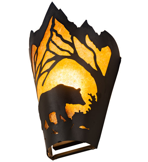 Meyda Lighting Bear at Dawn 174333 8" Textured Black Right Wall Sconce With Amber Mica Shade Glass