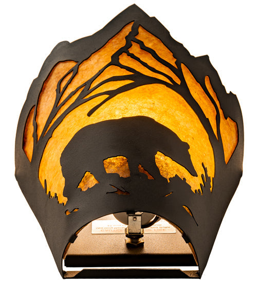 Meyda Lighting Bear at Dawn 174333 8" Textured Black Right Wall Sconce With Amber Mica Shade Glass