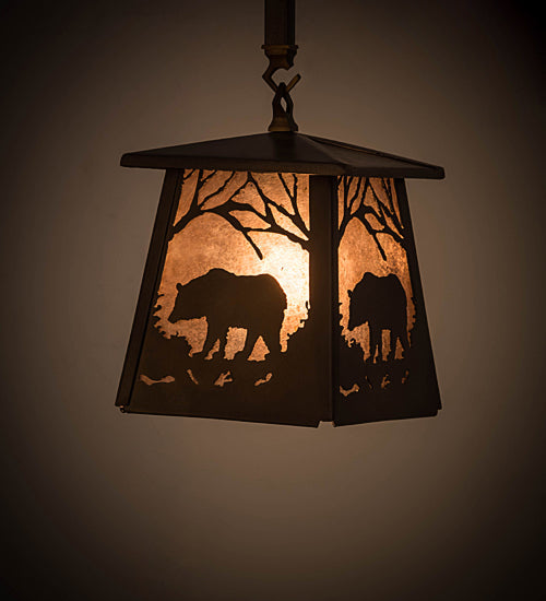 Meyda Lighting Bear at Dawn 182073 10" Antique Copper Mini Pendant Light With Silver Mica Shade Glass