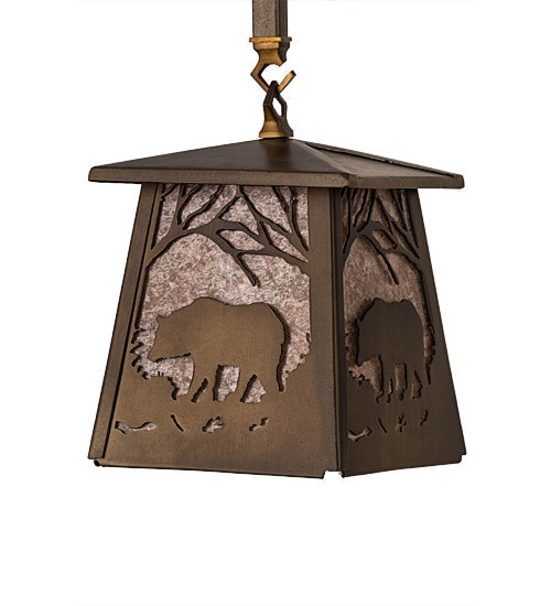 Meyda Lighting Bear at Dawn 182073 10" Antique Copper Mini Pendant Light With Silver Mica Shade Glass