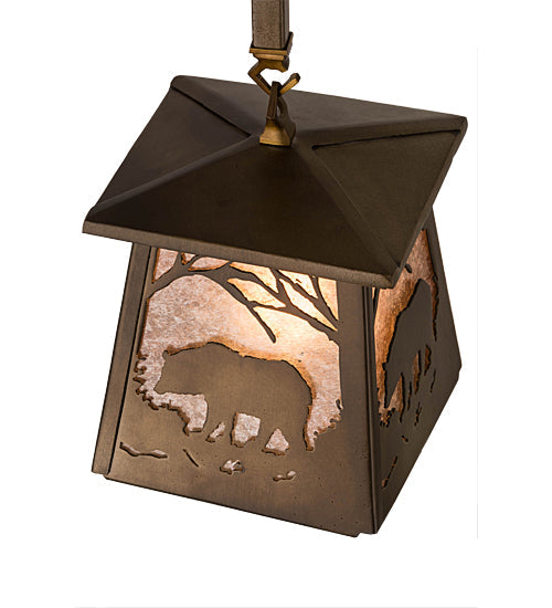 Meyda Lighting Bear at Dawn 182073 10" Antique Copper Mini Pendant Light With Silver Mica Shade Glass