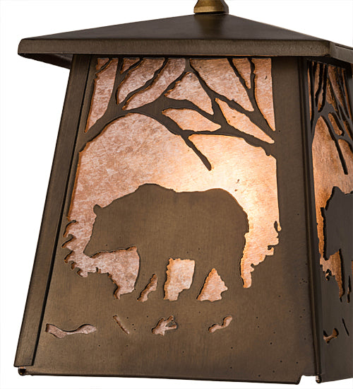 Meyda Lighting Bear at Dawn 182073 10" Antique Copper Mini Pendant Light With Silver Mica Shade Glass