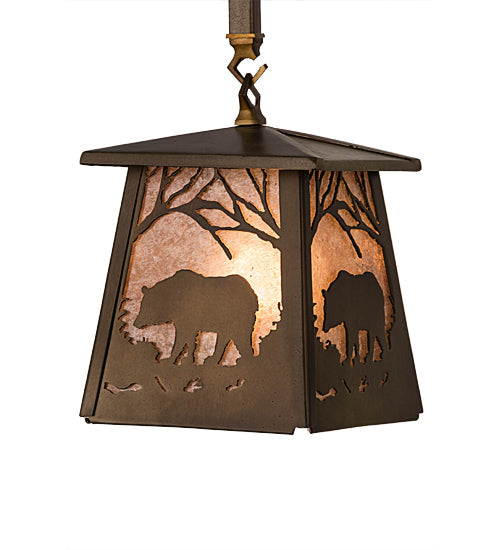 Meyda Lighting Bear at Dawn 182073 10" Antique Copper Mini Pendant Light With Silver Mica Shade Glass