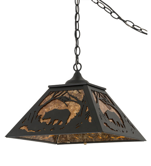 Meyda Lighting Bear at Dawn 185546 22" 2-Light Textured Black Pendant Light With Amber Mica Shade Glass