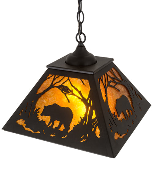 Meyda Lighting Bear at Dawn 185546 22" 2-Light Textured Black Pendant Light With Amber Mica Shade Glass