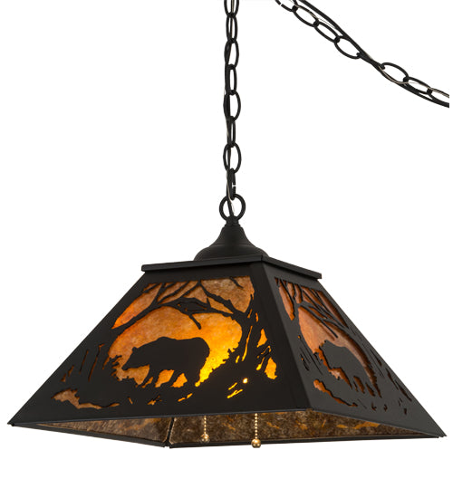 Meyda Lighting Bear at Dawn 185546 22" 2-Light Textured Black Pendant Light With Amber Mica Shade Glass