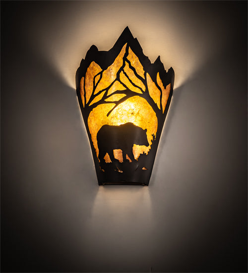 Meyda Lighting Bear at Dawn 212506 8" Textured Black Right Wall Sconce With Amber Mica Shade Glass
