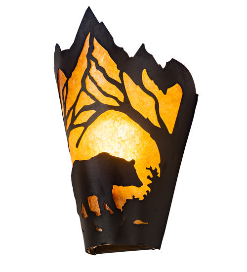 Meyda Lighting Bear at Dawn 212506 8" Textured Black Right Wall Sconce With Amber Mica Shade Glass