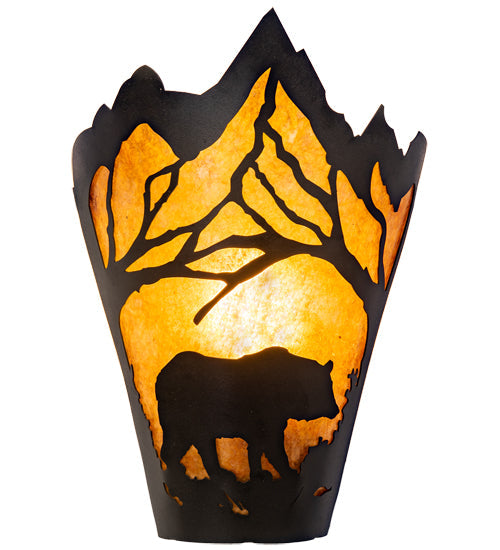 Meyda Lighting Bear at Dawn 212506 8" Textured Black Right Wall Sconce With Amber Mica Shade Glass