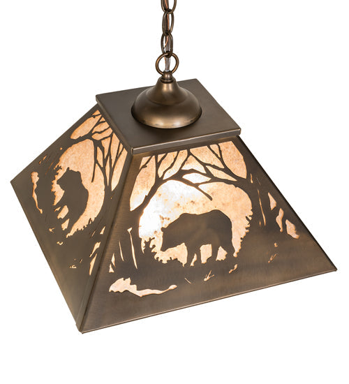 Meyda Lighting Bear at Dawn 22" 2-Light Antique Copper Pendant Light With Silver Mica Shade Glass