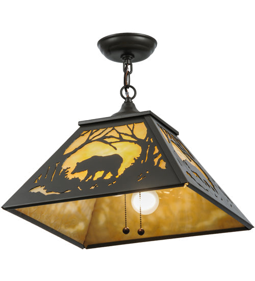 Meyda Lighting Bear at Dawn 23" 2-Light Timeless Bronze Pendant Light With Beige Art Shade Glass