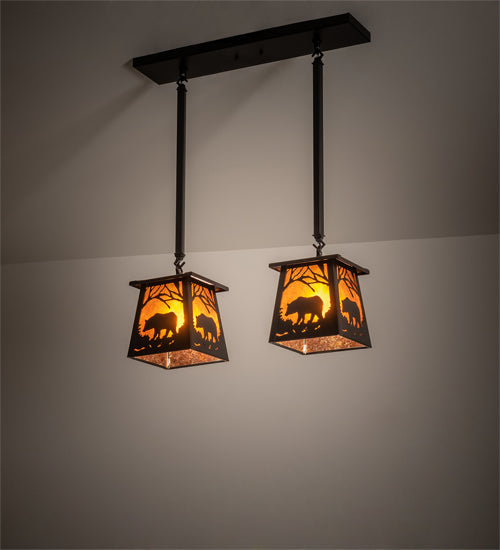 Meyda Lighting Bear at Dawn 24" 2-Light Textured Black Island Pendant Light With Amber Mica Shade Glass