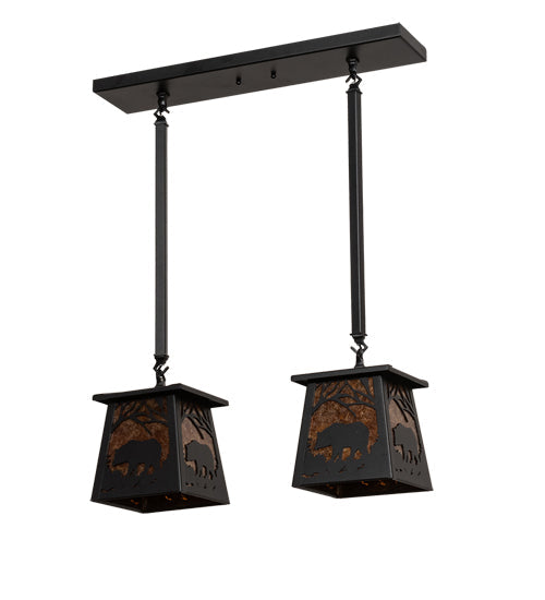 Meyda Lighting Bear at Dawn 24" 2-Light Textured Black Island Pendant Light With Amber Mica Shade Glass