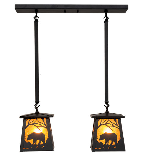Meyda Lighting Bear at Dawn 24" 2-Light Textured Black Island Pendant Light With Amber Mica Shade Glass